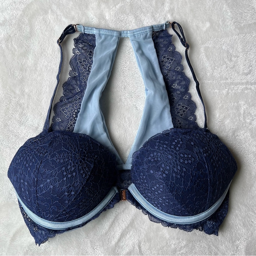 Victoria’s Secret PINK Lace Date Padded Push-Up w/ Front Close Bra Blue 32D
